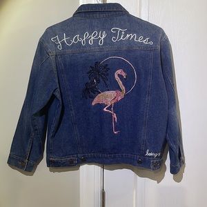 Denim Jean Jacket Pink Flamingo Palm Trees Happy Times. EUC
